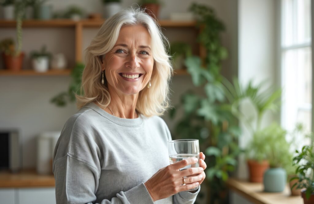 Happy mature woman holds glass of water at home